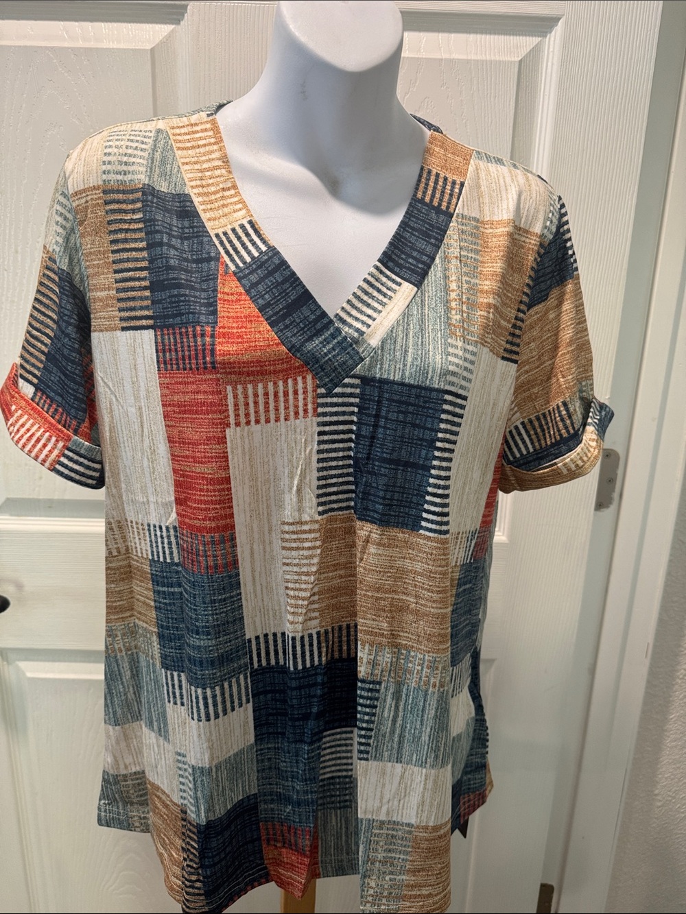 V-Neck Patchwork Print Top in Navy, Rust & Tan